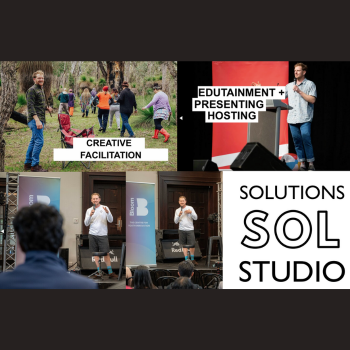 Solutions Sol Studio promotional collage showing creative facilitation in a bushland setting, a presenter on stage at a conference, and a live hosting event